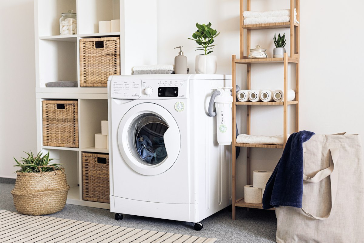 White front-load washer in a laundry room
